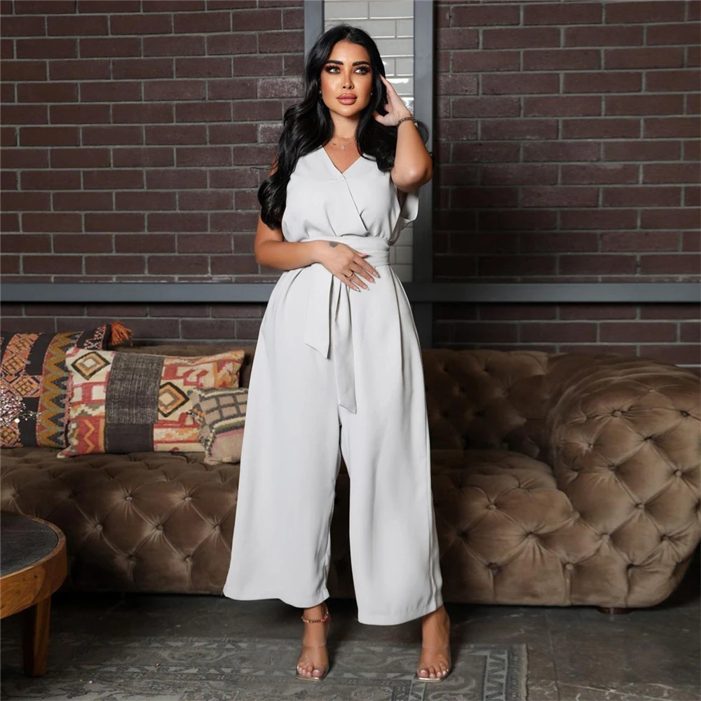 Summer Sleeveless V-Neck High Waist Women Overalls Elegant Casual Solid Color Long Romper Female Lace-up Wide Leg Pant Jumpsuit