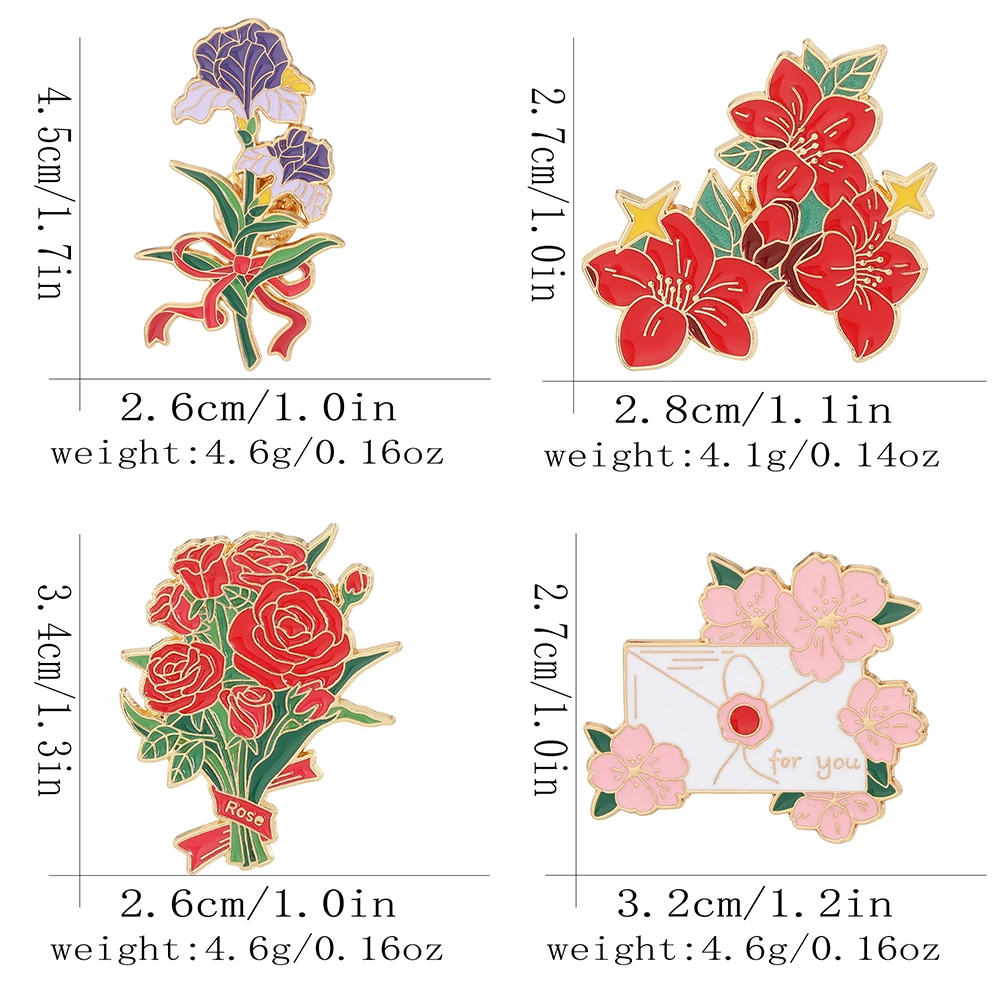 4 Styles Pretty Women Flower Bouquet Enamel Brooches Rose Lily Peach Blossom Carnation Shaped Golden Pins