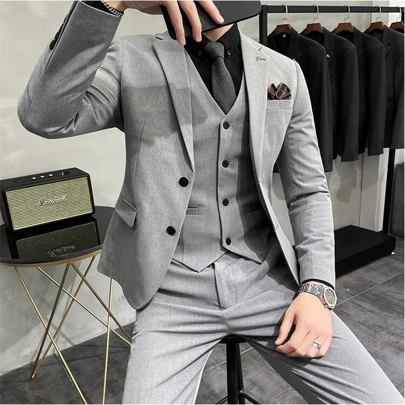 

Plus Size S-7XL Man Korean Slim Fit Custom Groom Business Casual Tuxedo Blazers Vest Pant Casual Wedding Social Tuxedo Dress