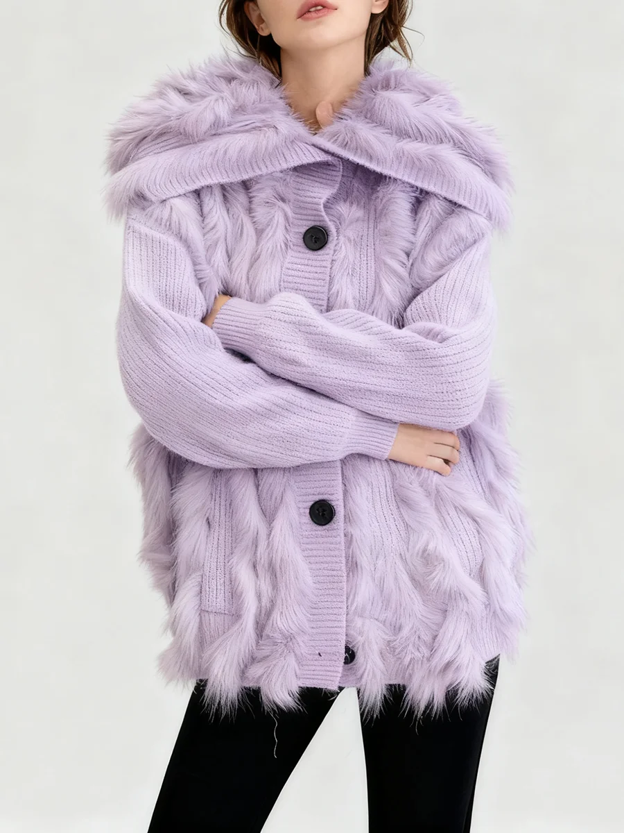 TWOTWINSTYLE 솔리드 루즈 스플라이스 퍼 캐주얼 가디건 여성용 라펠 긴 소매 패치워크 싱글 브레스티드 가디건 여성용 신상품