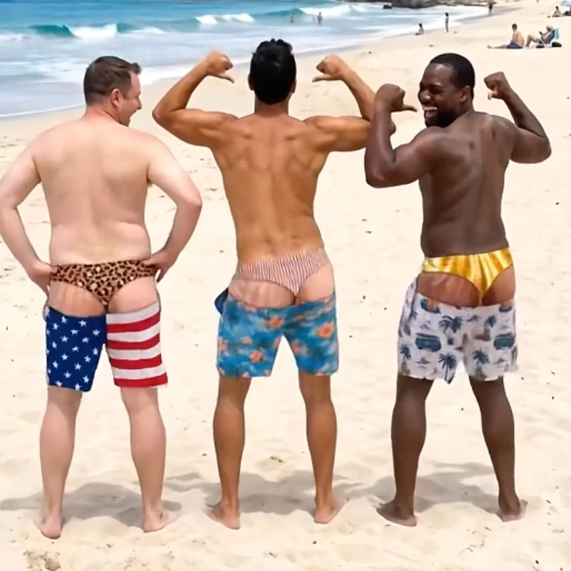 2026 Funny Optical Illusion Print Thong Shorts, Men Summer Novelty Hilarious Beach Swim Trunks, Quick Drying Family Kids Shorts