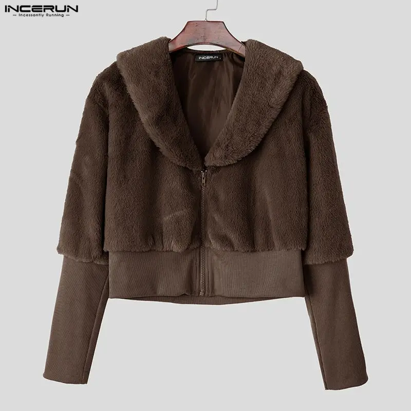 

INCERUN Men Jackets Fleece Plush Patchwork Lapel Long Sleeve Male Coats Streetwear Zipper Fashion Casual Crop Jackets Men S-5XL