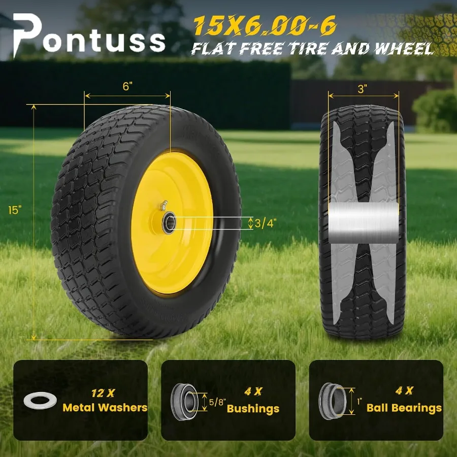 2 Pack -6 Flat Free Lawn Mower Tire and Wheel, 15 Solid Front Tires with 3 Centered Hub, 3/4 5/8 Bearings and 1 Bushings, Compa