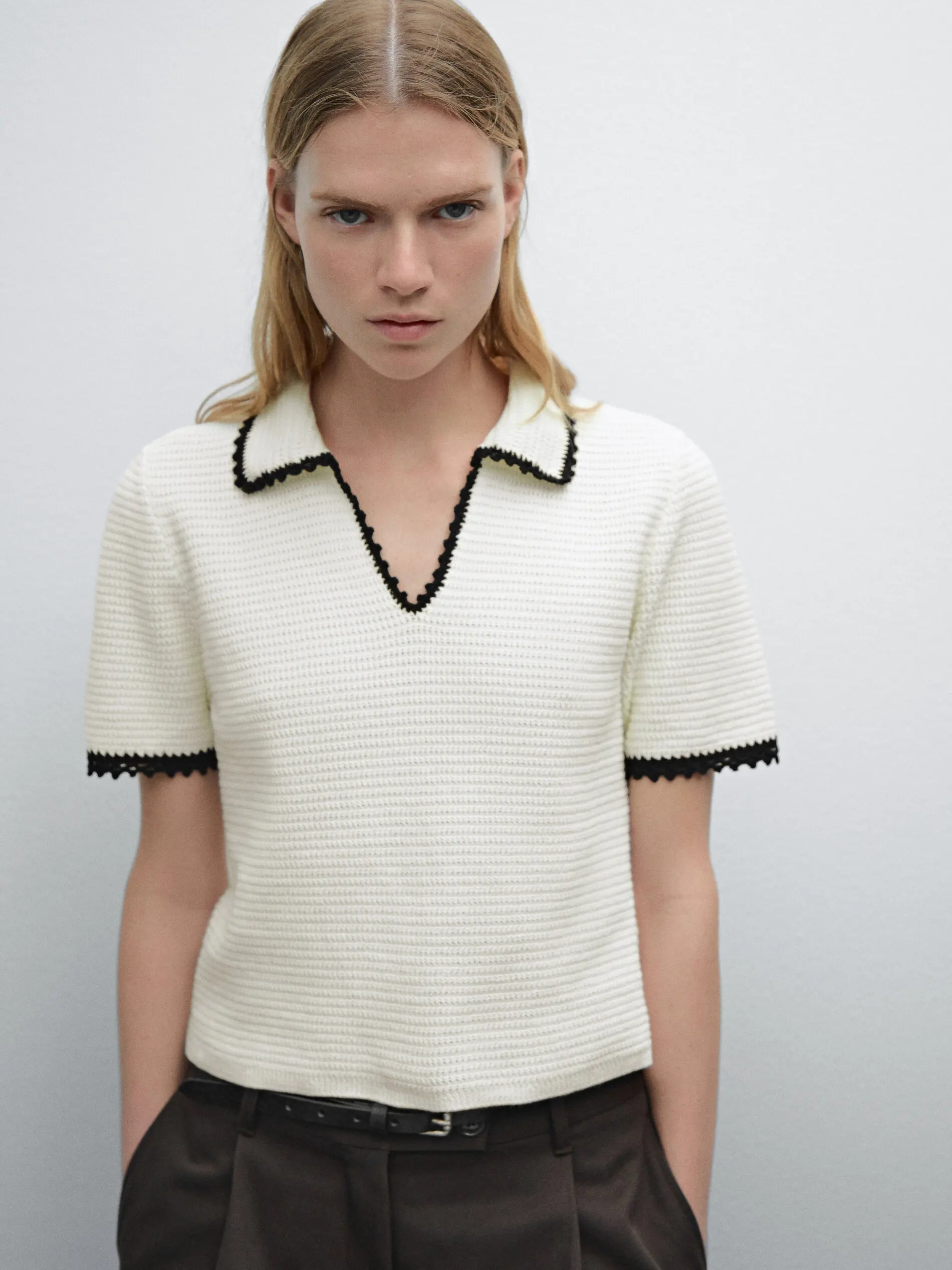 Ethereal Traf Md 2026 YAZHIMEI autumn new style of Women's casual fashion white crochet Polo collar short-sleeved knitwear