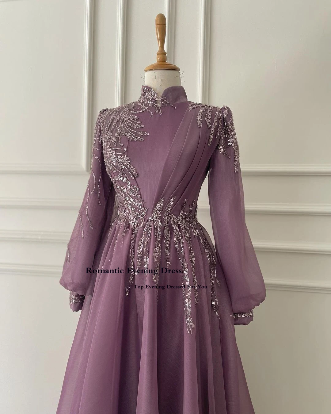 Romantic Modest Tulle Dubai Arabic Women Evening Dresses Moroccan Kaftan Full Sleeves Long Party Dress Saudi Arabia Prom Gowns