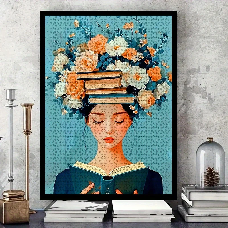 1000 Uds rompecabezas de papel DIY, chica de lectura, rompecabezas de flores y libros, rompecabezas para niñas, rompecabezas ilustrado, blanco de alta calidad
