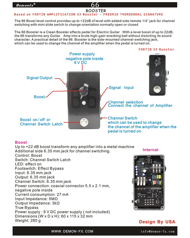 Demonfx-Pedal de Efeito Guitarra com Amplificador, Preamp Booster, Limpo, Interruptor de Canal, Alta Qualidade, 66, Novo