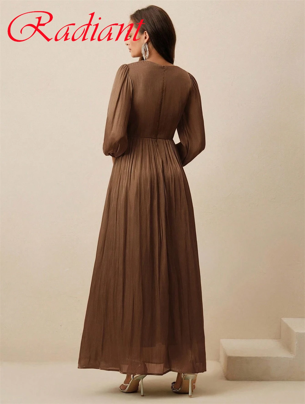 Personalizado delicado marrom chiffon vestido de noite temperamento tripulação pescoço mangas compridas zíper voltar vestidos de ocasião especial