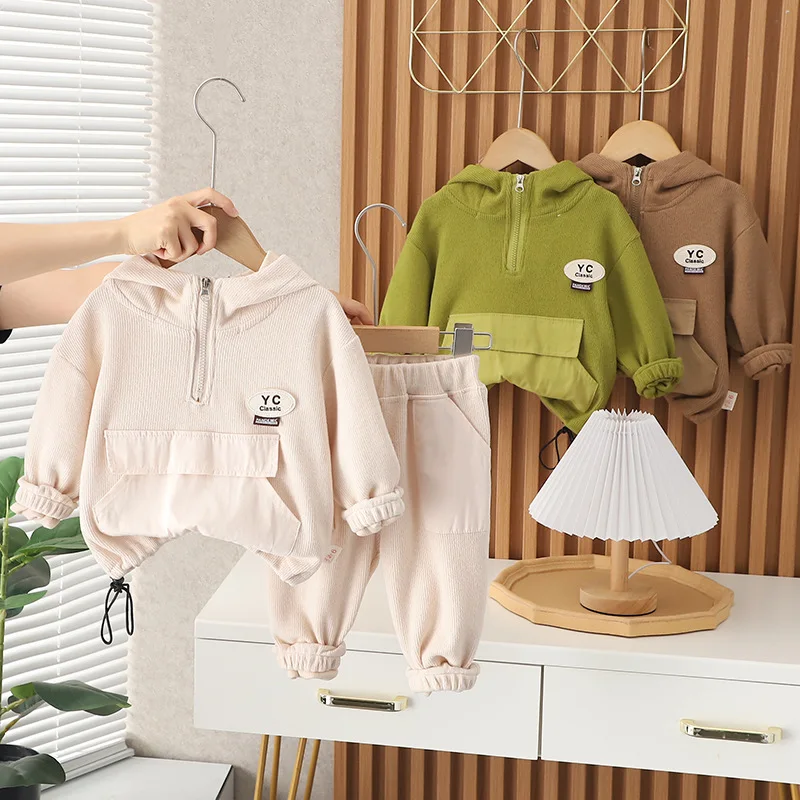 

Kids Boys Spring Autumn Clothes Set New Children's Cool Letter Pocket Zipper Hoodie Top+Pants Leisure Sports Two Piece Baby Suit