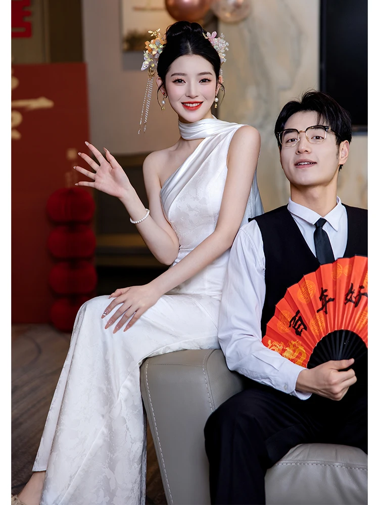 

Ele White Satin Long Evening Gown Engagement Dr for Women High-End Luxury Wedding Ceremony Registration Formal Outfit