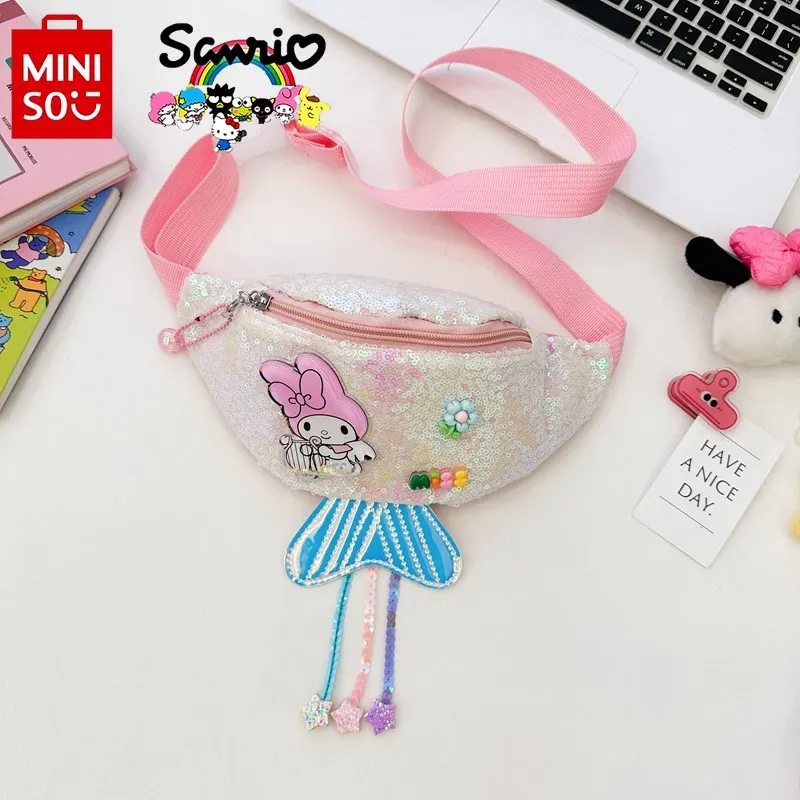 MINISO 2024 New Children's Chest Bag Fashionable High Quality Sequin Girl Waist Bag Small and Fresh Lightweight Sports Waist Bag