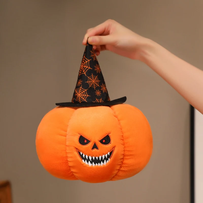 25/35CM Halloween Pumpkin Plush Pillow Cute Stuffed Toy with Witch Hat Soft Throw Cushion for Home Decor and Party
