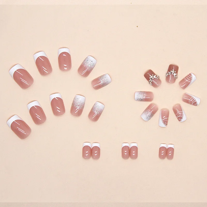 24 Uds. De puntas simples para uñas francesas, diseños prensados, arte de uñas con purpurina y diseño, juego de uñas postizas para primavera y verano, uñas artificiales