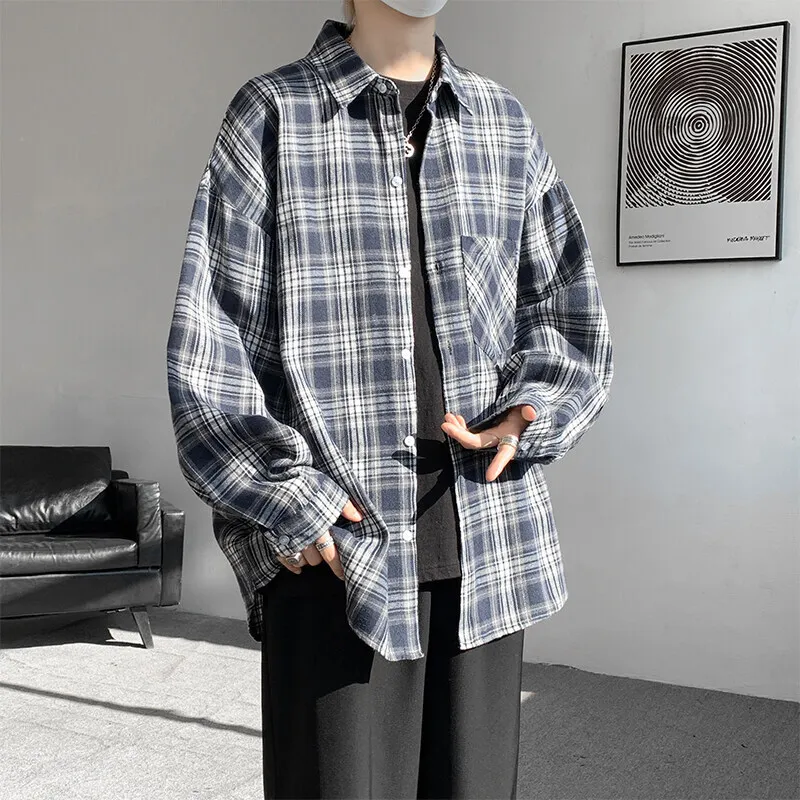 Spring Long Sleeved Shirt Men Fashion Retro Plaid Shirt Men Streetwear Loose Casual Shirt Mens Vintage Shirts Plus Size 5XL
