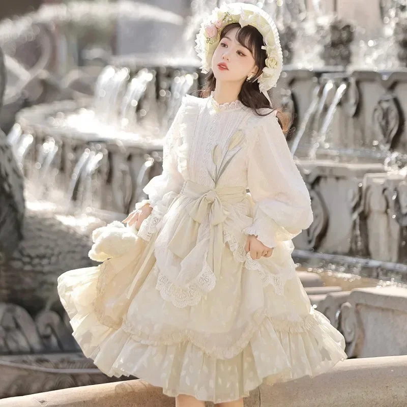 Flouncing Lace Trim Japanese Harajuku Puff Sleeves Daily  Lolita Dress Fairy Style