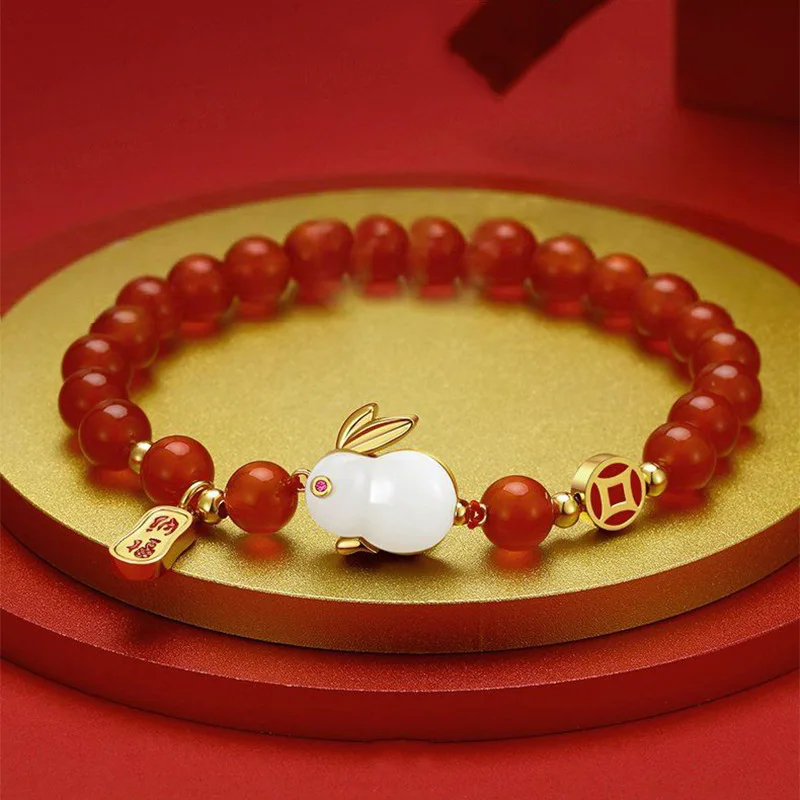 Lucky Wealth Red String Cartoon Bunny Bracelet Jade Rabbit Bless Elastic Beaded Charm Animal Bangle for Women Men Zodiac Jewelry