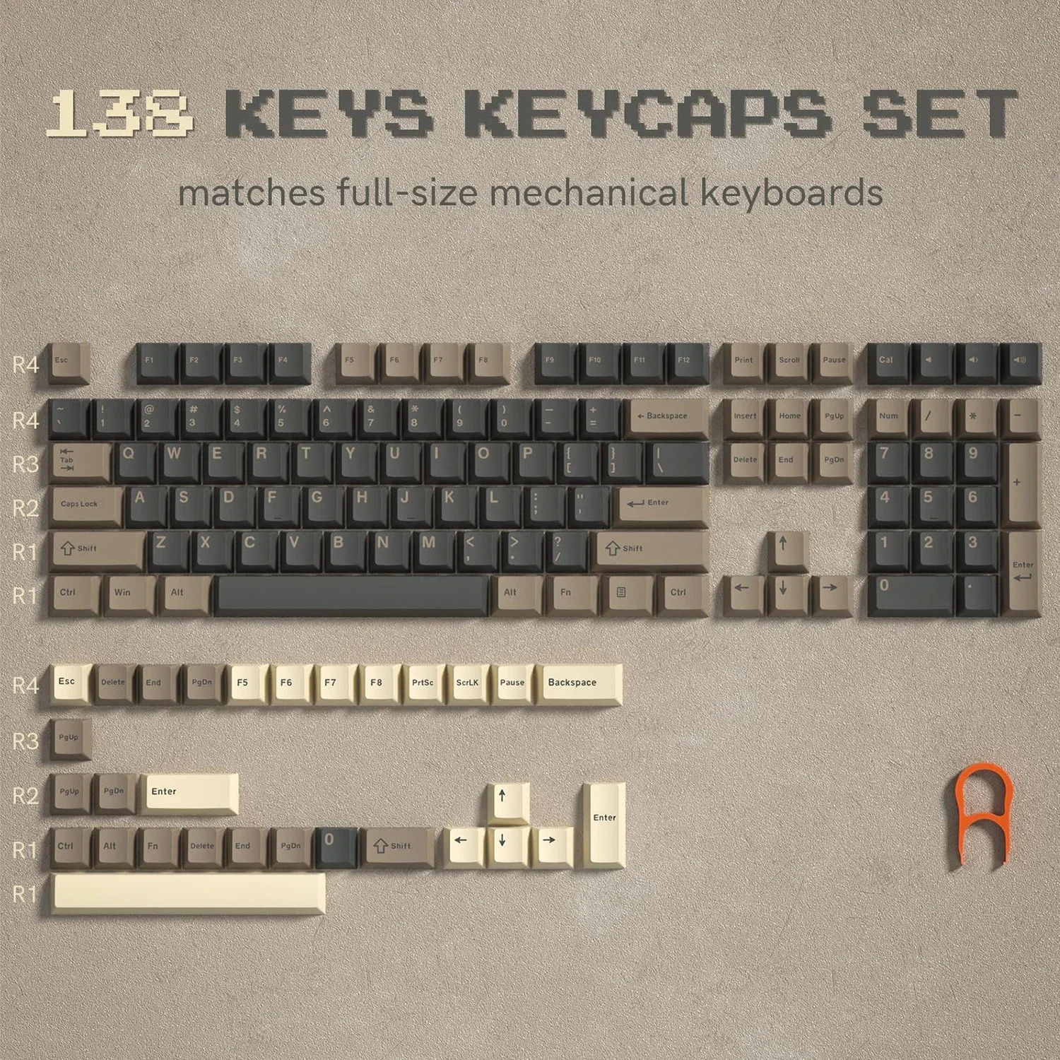 Capuchons de touches PBT double injection, clavier gamer mécanique, aucun profil, aucun commutateur MX, rétro, marron, gris, 138 prédire