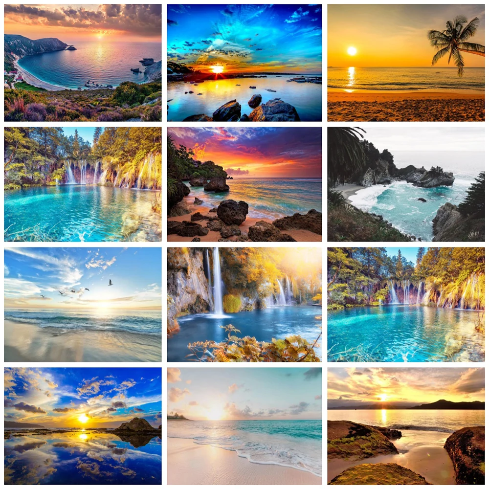 Sunset Hawaii Beach Posters Gold Sea Landscape Canvas Paintings Tropical Palm Tree Wall Art Pictures Living Room Home Decor