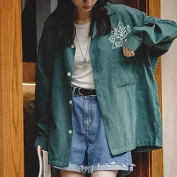 Maden Women's Vintage Dark Green Bowling Shirt Peach Skin Velvet Embroidery Loose Lapel Blouses Luxury Casual Oversized Shirts