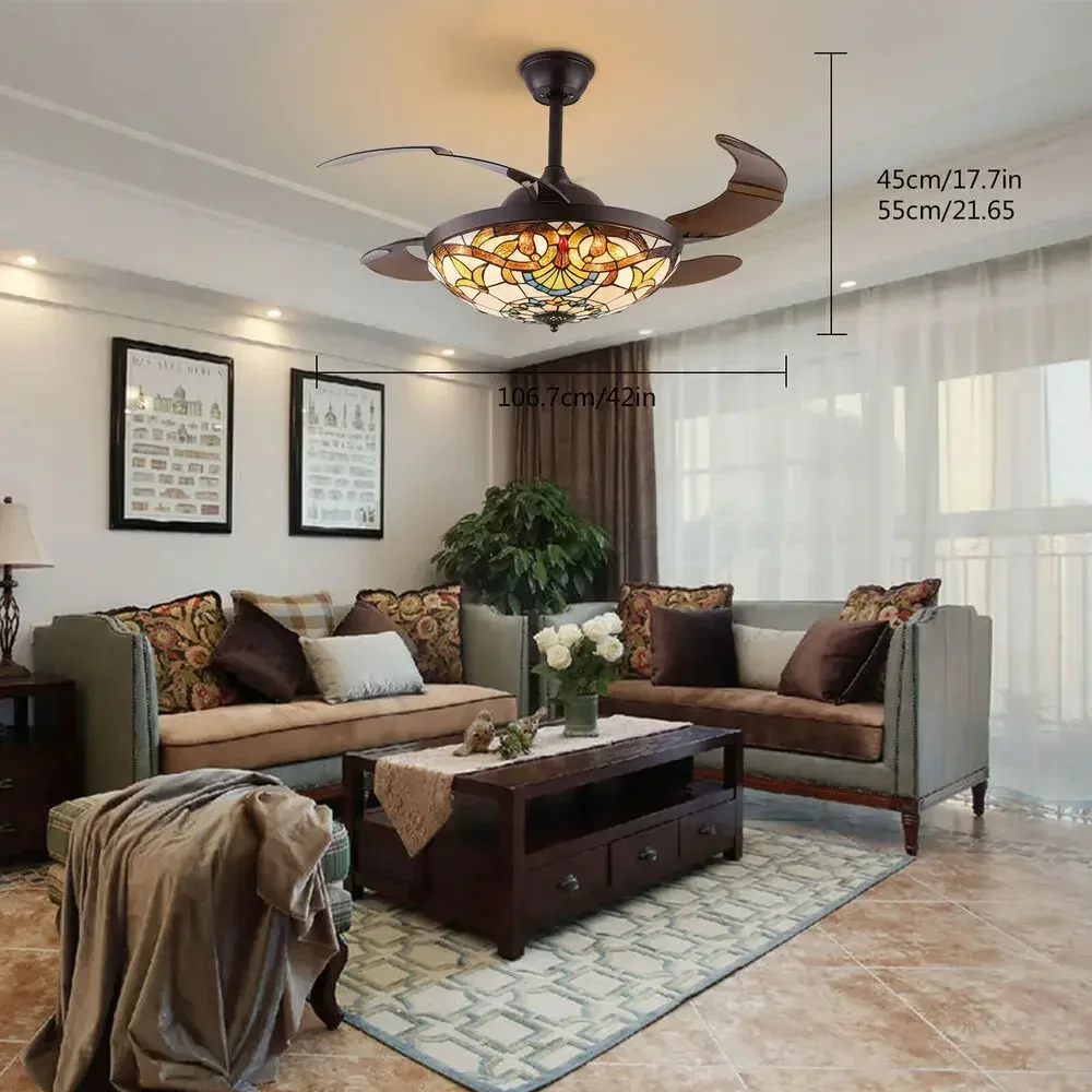 Tiffany Ceiling Fan with Retractable Blades and LED Light, Stained Glass Shade Chandelier for Elegant and Efficient Lighting