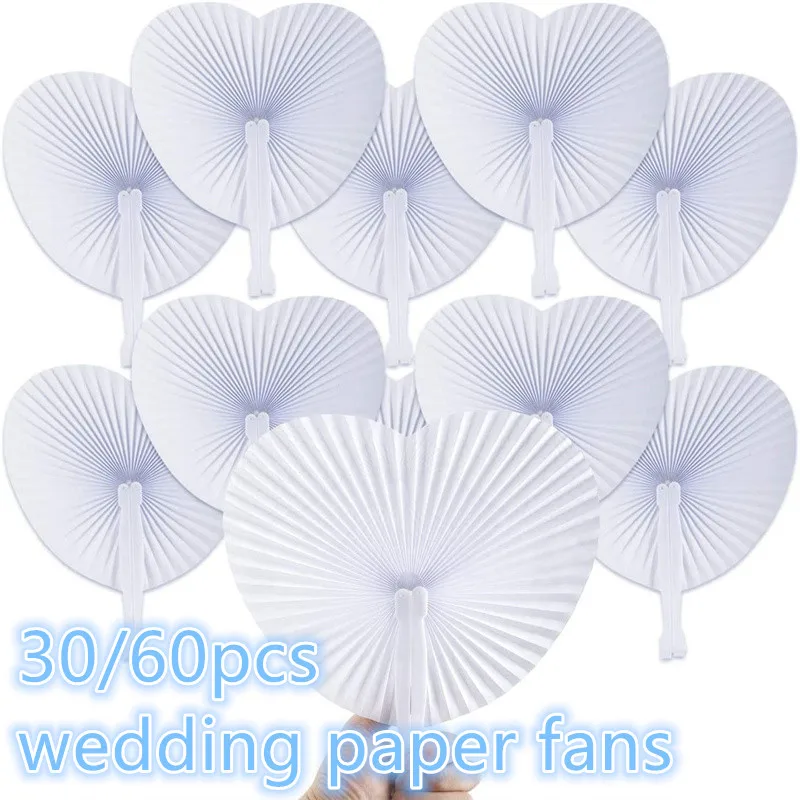 30/60/100 Pack Folding Handheld Fans Heart Shaped Paper White Wedding Fans Assortment  For Birthday Party Favors  Supply DIY