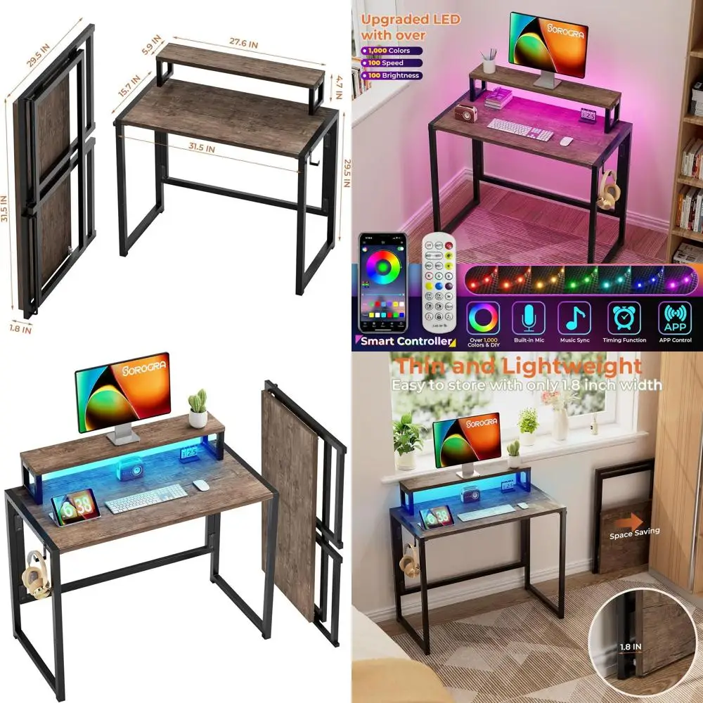 

Portable 31.5 Folding Desk with LED Lights and Monitor Stand, Compact Computer Table for Home and Office, Brown