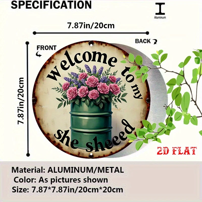 2D Flat, 2D Flat 1pc Welcome Message Aluminum Metal Tin Sign, Feminine Design Round Aluminum Sign, Elegant Roses 7.87X7.87 Round