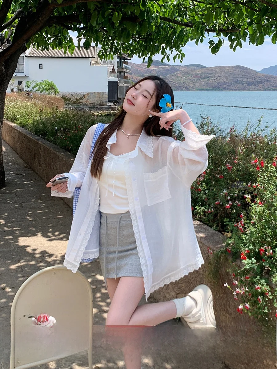 

Свободные женские длинные све с кружевной отделкой, солнцезащитный крем, летняя новинка, белый воротник, застежка на пуговицы, обычные, тонкие