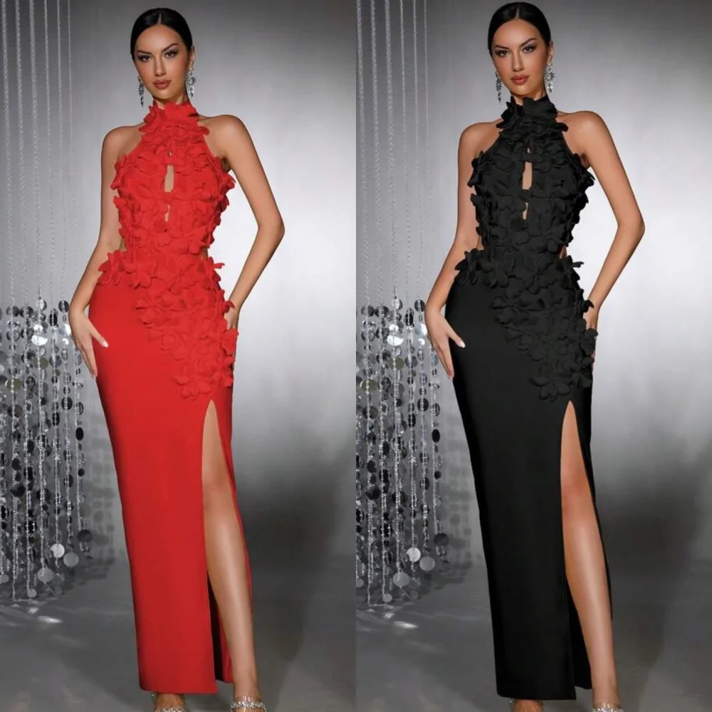 

Customized Modern Style Matching Jersey Handmade Flower Pleat Column High Collar Ankle Length Dresses Bespoke Occasion Dresses