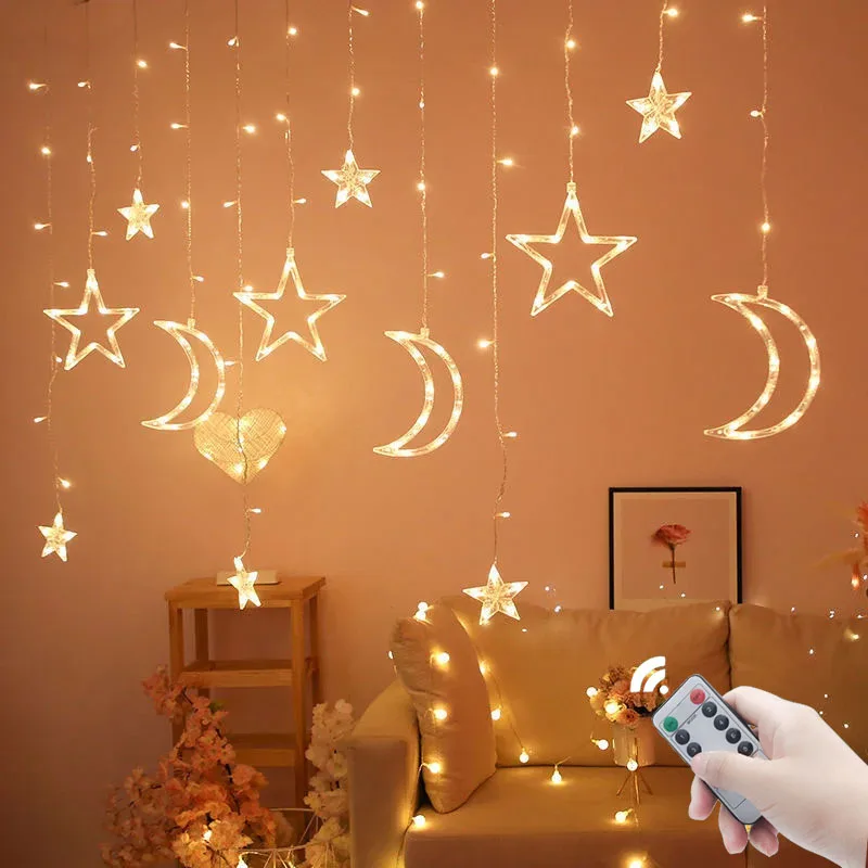 Ramadan Decoration 2025 Christmas Star Moon String Light Curtain Garland Aid EID Mubarak For Home Islam Muslim Event Party Decor