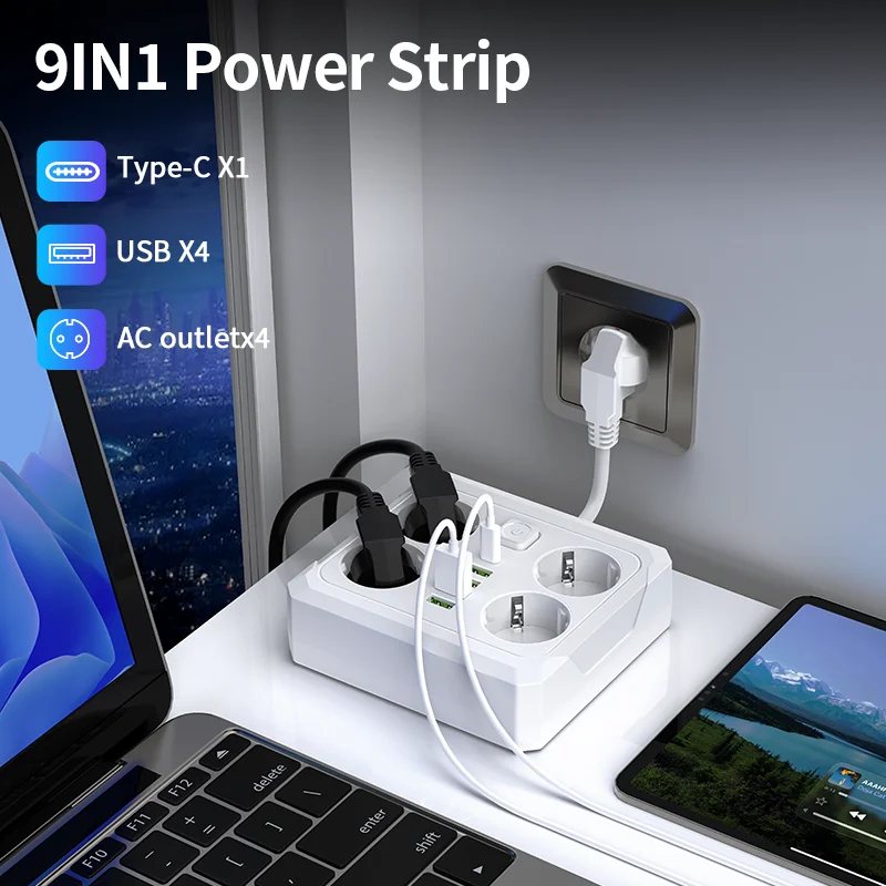 EU Plug Power Strip 4 AC Outlets 4 USB 1 Type-C port Wall Ch