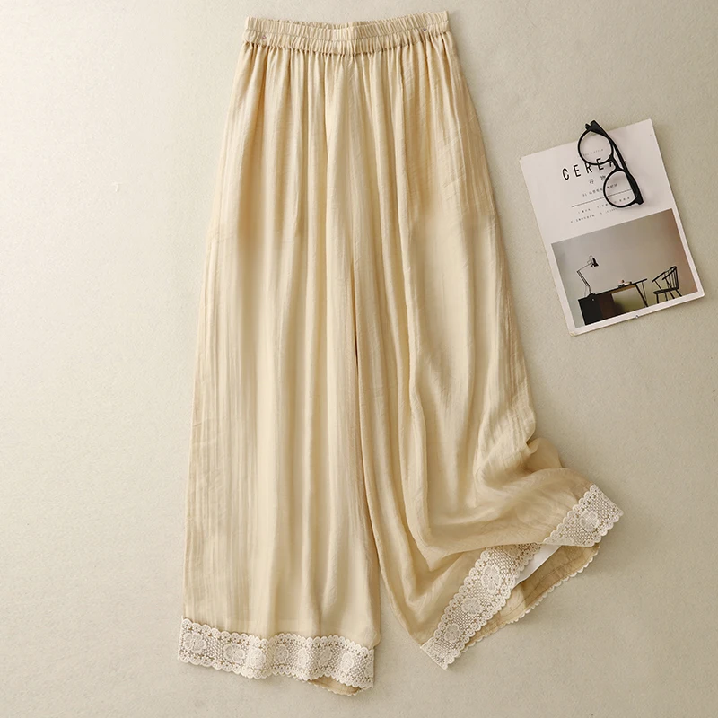 여름 신상 중국 전통 스타일 실크 캐주얼 루즈 레트로 슬림 와이드 레그 레이스 롱 팬츠 단색 다리 길이 연장