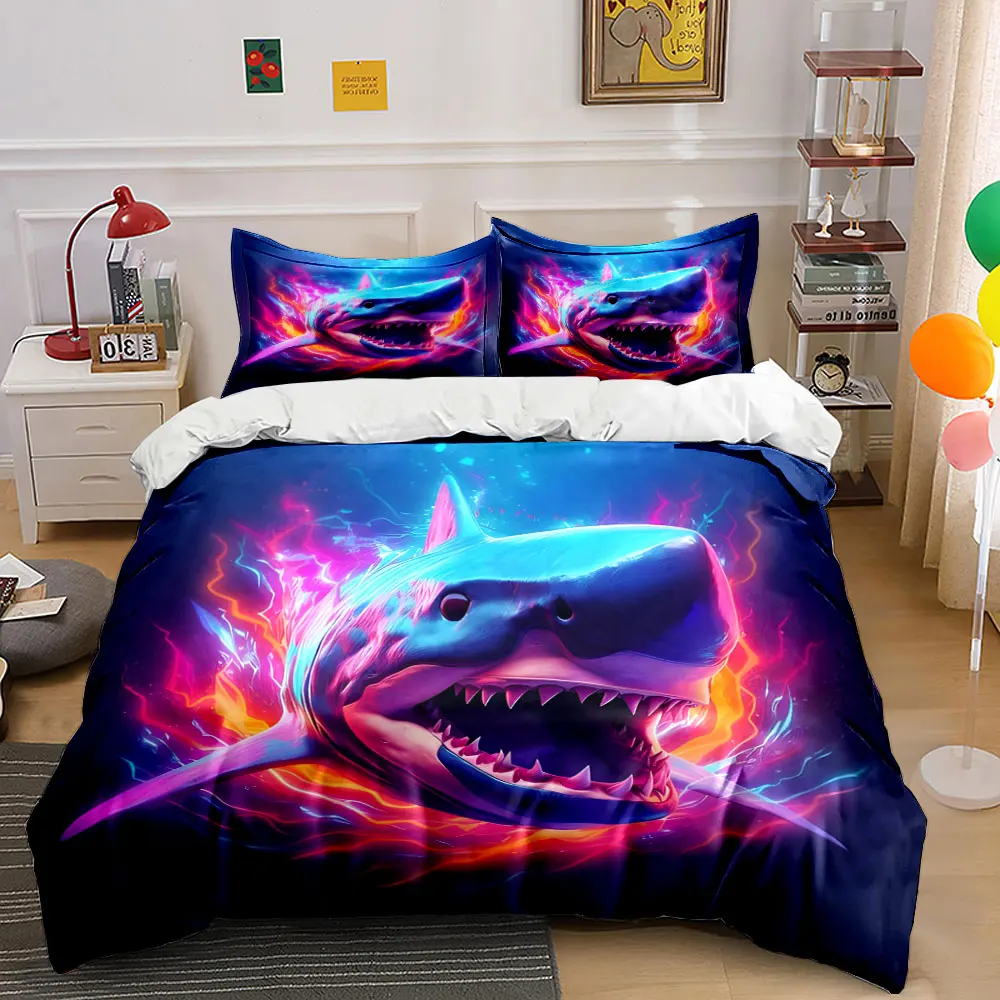 Vibrant glowing shark design Pattern Duvet Cover Set Digital Print Colorful Polyester Bedding with Zipper Closur for kids gifts