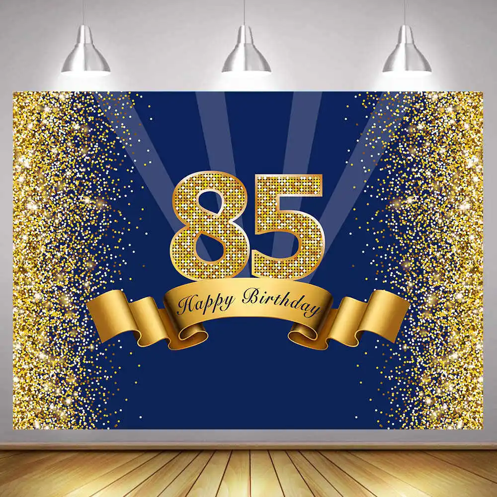 Fondo de cartel decorativo para fiesta de 85 cumpleaños para hombres y mujeres, fondo de fotografía dorado, negro, dorado, azul, plateado y blanco, 85 años