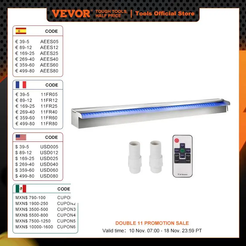 VEVOR-fuente de piscina de acero inoxidable con tira de luces LED, cascada de 35,4 "x 4,5" x 3,1 "(W x D x H)