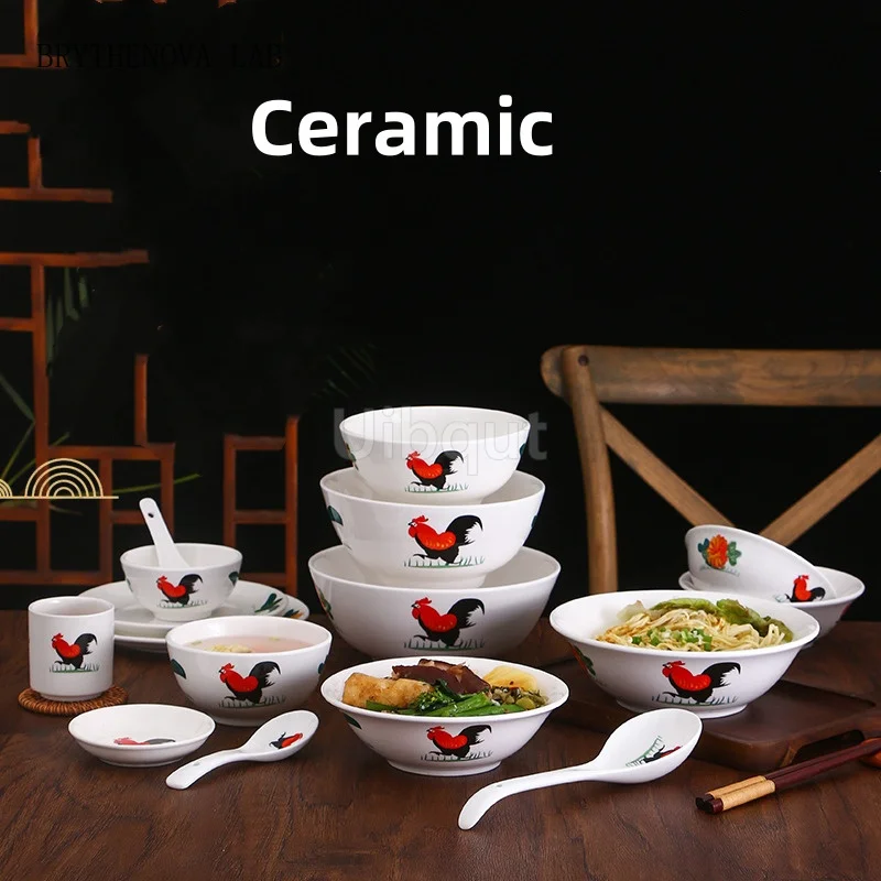 Retro Chicken Noodle Bowl Exclusive Commercial White Porcelain Rooster Big Classical Salad Soup Coconut Ceramic Ramen Bowl