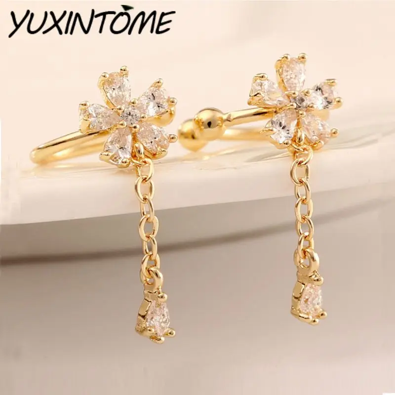 

925 Sterling Silver Needle Light luxury Exquisite Flower-Shaped Hanging Chain Clip Earrings Women Gorgeous Wedding Jewelry Gift
