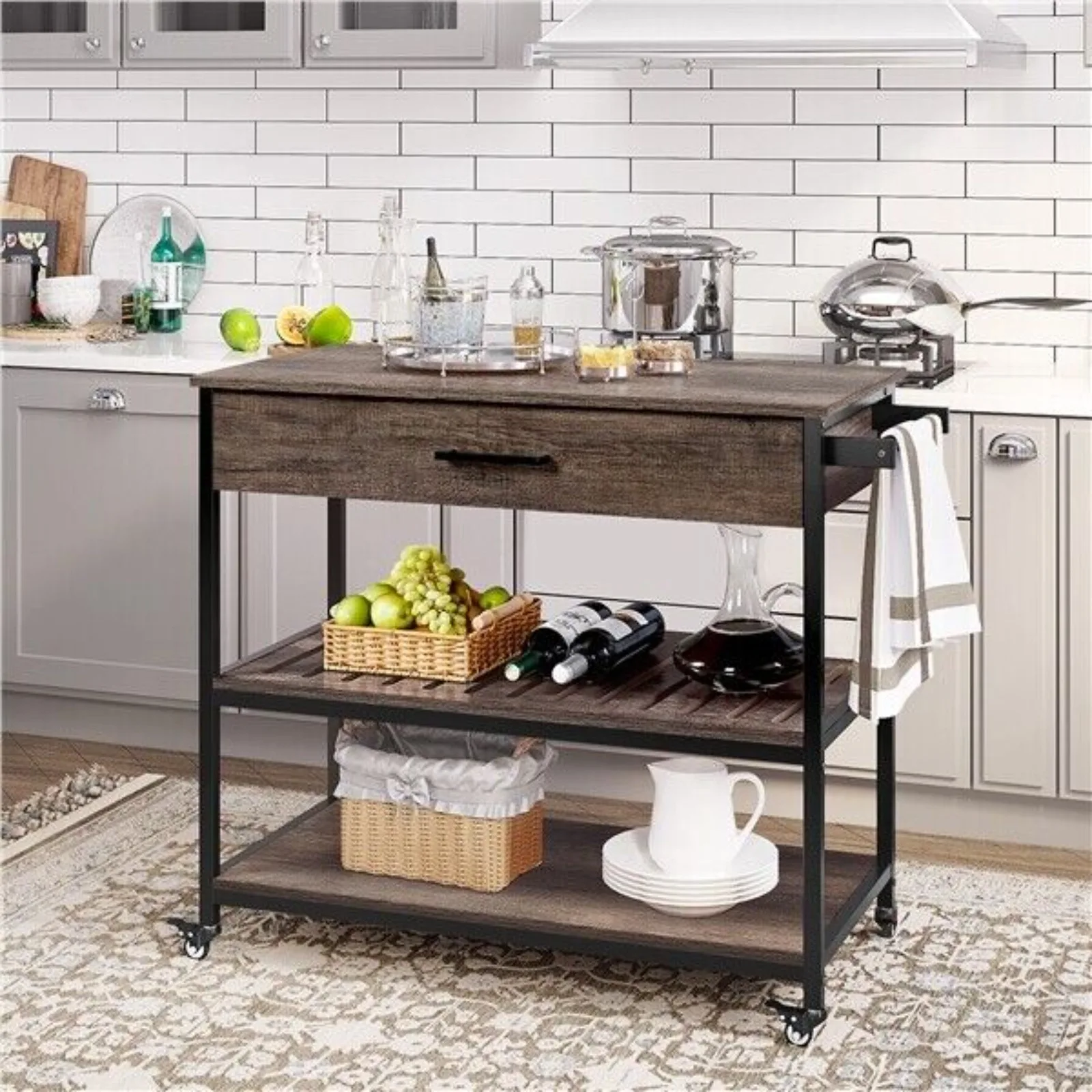 US 3-Tier Rolling Kitchen Island Kitchen Cart w/Storage Drawer and Shelf on Wheels