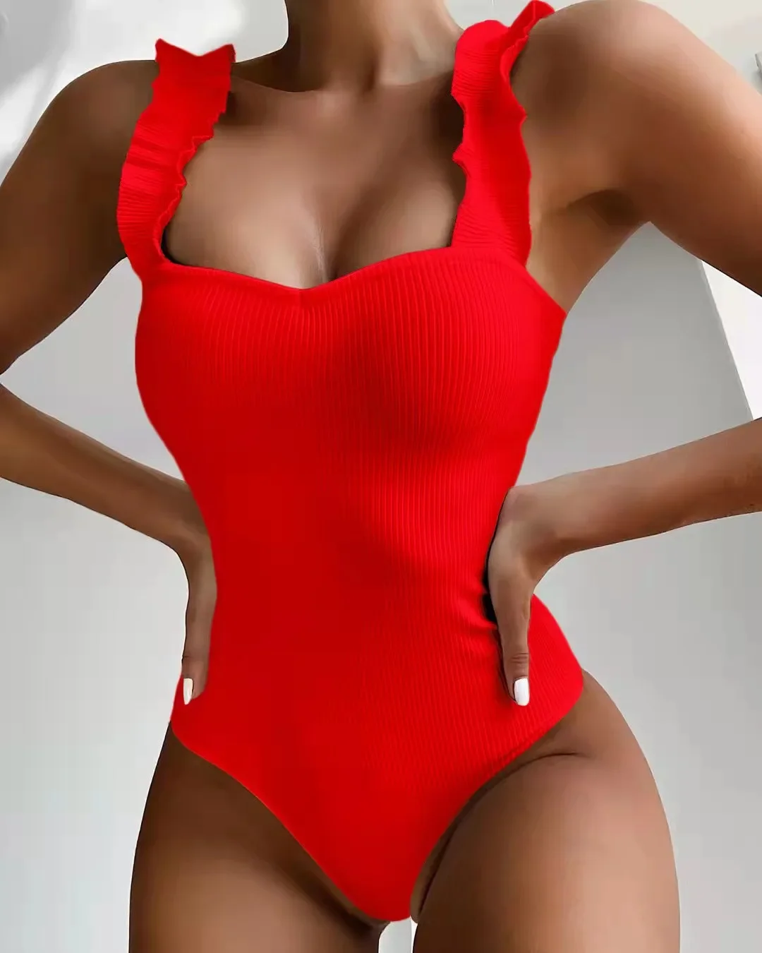 

Sexy Falbala Shoulder One Piece Swimsuit for Women Bikini Swimwear Ribbed High Waisted Bathing Suit Padded Beach Wear Bodysuit