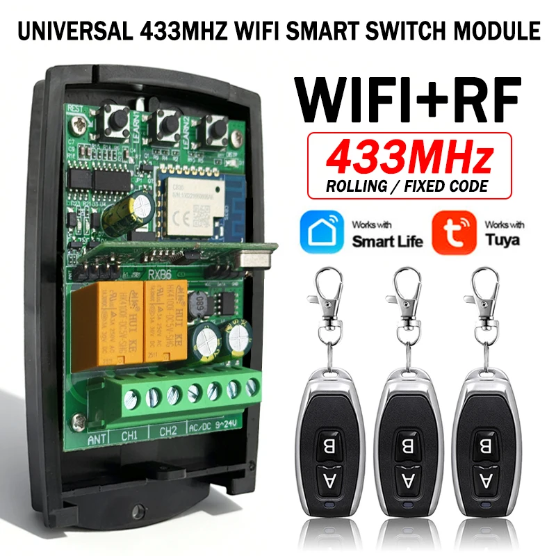 New Universal Tuya 433MHz 433.92MHz Fixed Rolling Code Garage / Gate Remote Control Receiver 2CH Wifi Smart Switch Module Relay