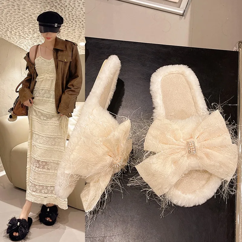 

2025 Hot Selling Warm Cute Butterfly Knot Cotton Slippers Women's Home Polka Dot Plush Slippers Comfortable Soft Female