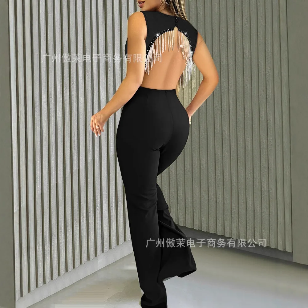 여성 봄 여름 점프 슈트 솔리드 컬러 백 레스 하이 웨이스트 와이드 레그 팬츠 민소매 섹시 캐주얼 패션 편안한 레귤러