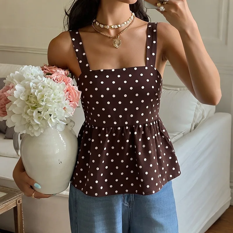 Women's Polka Dot Square Neck Spaghetti Strap Back Tie Peplum Hem Soft Comfortable Elegant Versatile Commute Casual Camisole Top