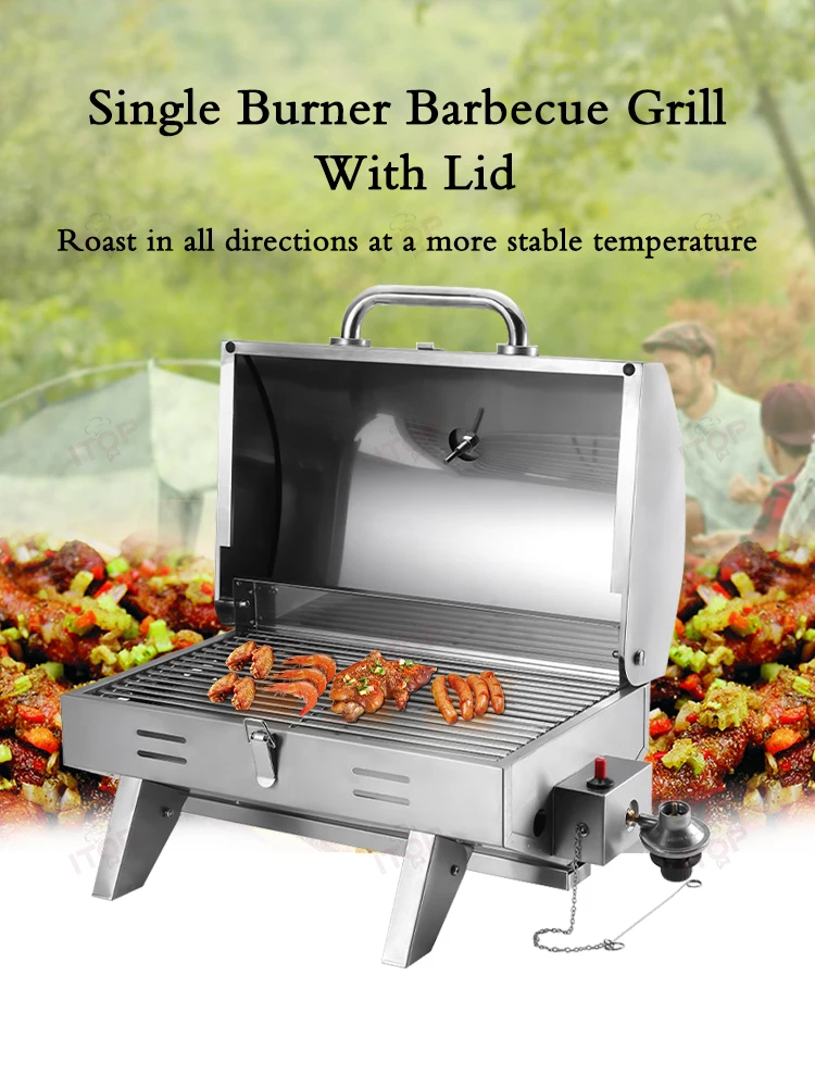 Stainless Steel Portable Gas Grills With Folding Legs And Lid For Outdoor Kitchen Accessories Cooking Tools