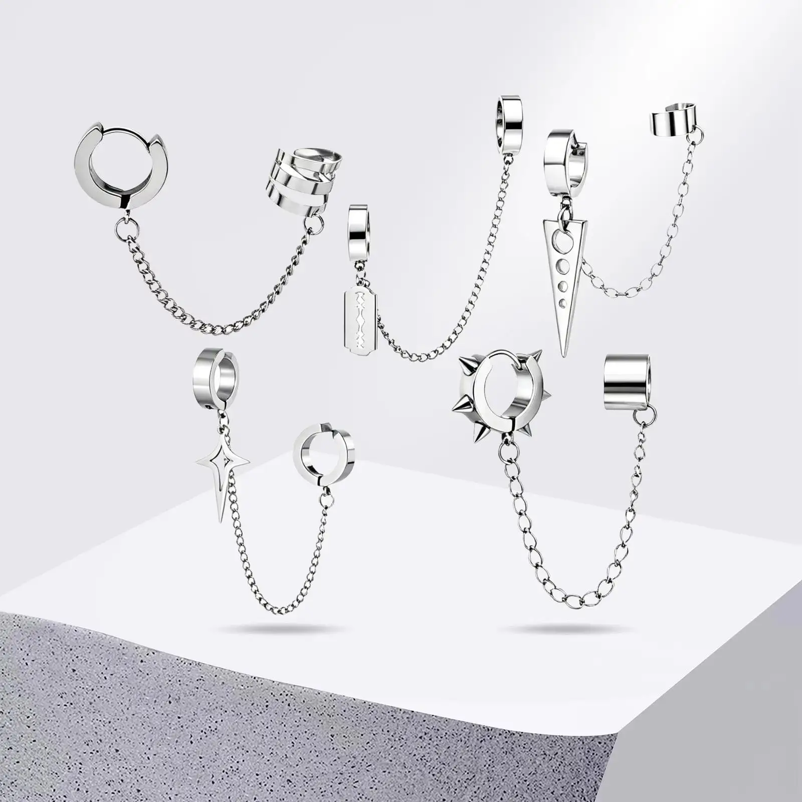 1pc Stainless Steel Chain Ear Cuff Hoop Earrings Punk Spike Star Cross Triangle Ear Clip Gothic Jewelry Gift for Men Women