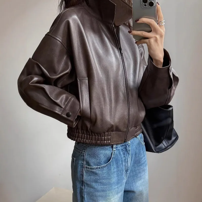 

Vintage PU Leather Jackets for Women Short Moto Biker Bomber Jackets Solid Color Demi-season Windbreaker Women Outerwears