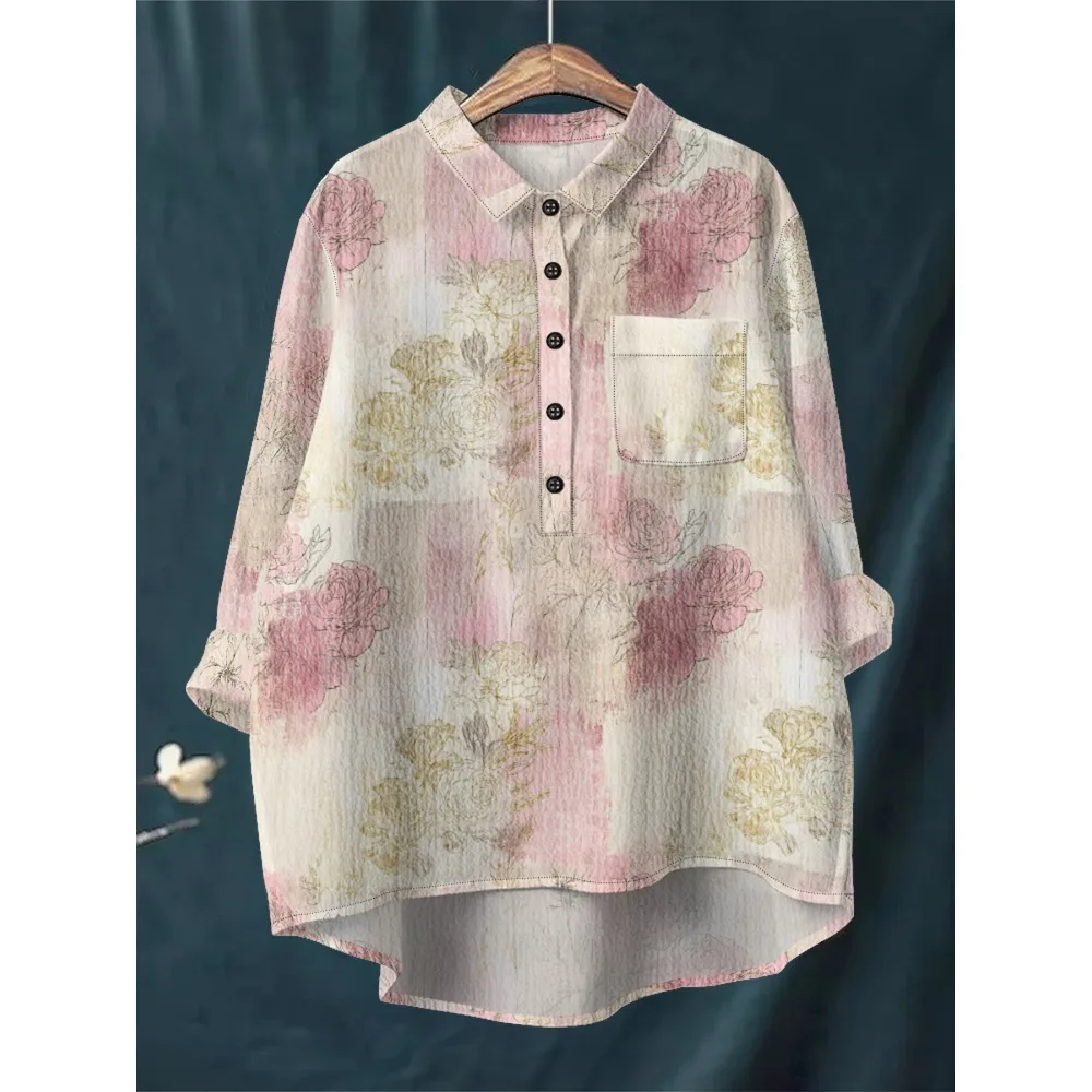 بلوزة نسائية أنيقة بطبعة زهور رومانسية فرنسية قميص بأكمام طويلة نصف زر للأسفل مع حاشية غير متماثلة ملابس علوية غير رسمية ناعمة #1