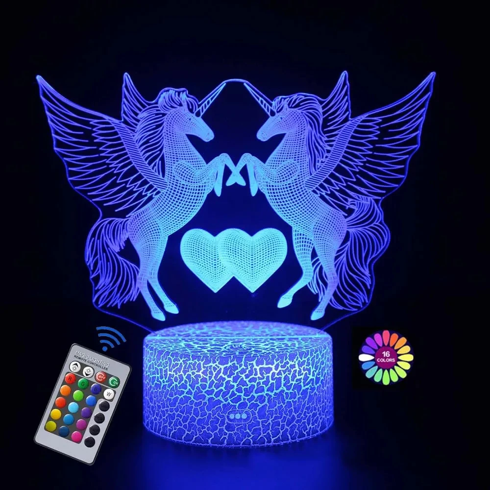 LED night light unicorn rechargeable USB with remote control, 16 colors adjustable cartoon animal home decoration