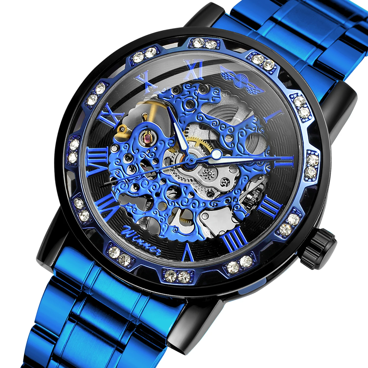T-WINNER แฟชั่นลำลองบุรุษนาฬิกาโครงกระดูกกลไกตัวชี้ส่องสว่างแกะสลักหรูหราไรน์สโตนคูลสตีลแมนนาฬิกาข้อมือ