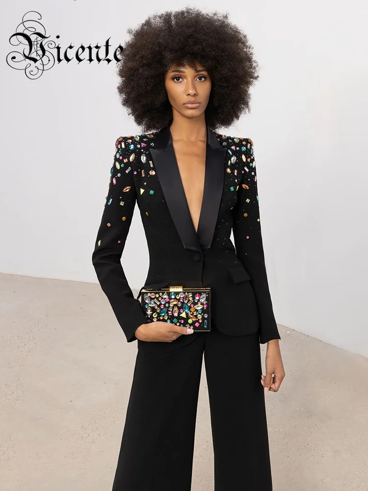 

VC 2023 Spring Black Pant Sets Women Fashion Colorful Crystal Single Button Slim Blazer Two Piece Set Ins Trendy